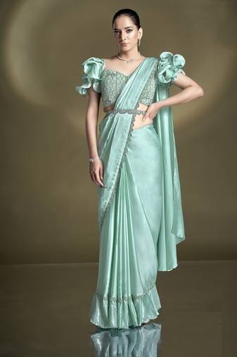 Turquoise crape satin silk sequince & beads aari work uffle sleeves blouse with belt designer ready to wear saree