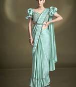 ready to wear turquoise crape satin silk sequince & beads aari work uffle sleeves blouse with belt designer saree