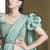 Turquoise crape satin silk sequince & beads aari work uffle sleeves blouse with belt designer ready to wear saree