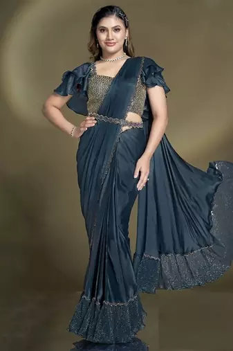 Peaocock blue crape satin silk sequince & beads aari work ruffle sleeves blouse with belt designer ready to wear saree