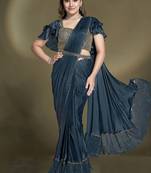 ready to wear peaocock blue crape satin silk sequince with belt designer saree