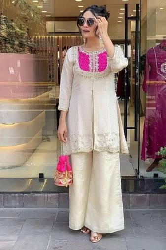 Pink silk embroidered kurti palazzo stitched