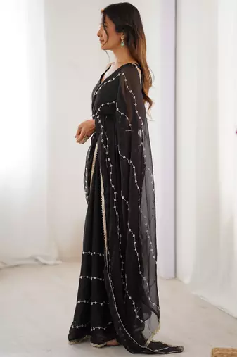 Black color beads work celebrity style saree with blouse