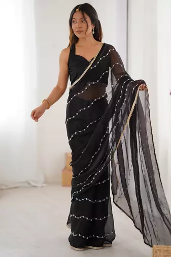 Black color beads work celebrity style saree with blouse