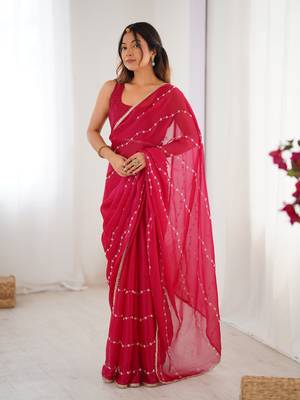 Pink color beads work celebrity style saree with blouse 1