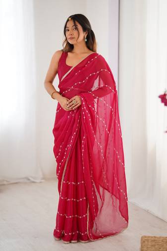 Pink color beads work celebrity style saree with blouse