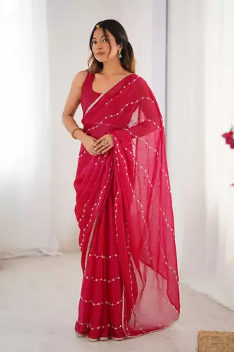 Pink color beads work celebrity style saree with blouse