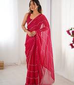 Pink color beads work celebrity style saree with blouse