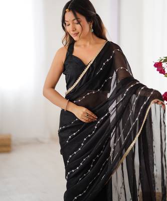 Black color beads work celebrity style saree with blouse 4