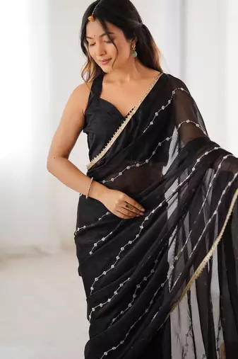 Black color beads work celebrity style saree with blouse