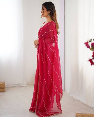 Pink color beads work celebrity style saree with blouse 2