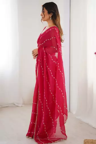 Pink color beads work celebrity style saree with blouse