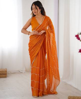 Orange color beads work celebrity style saree with blouse 2