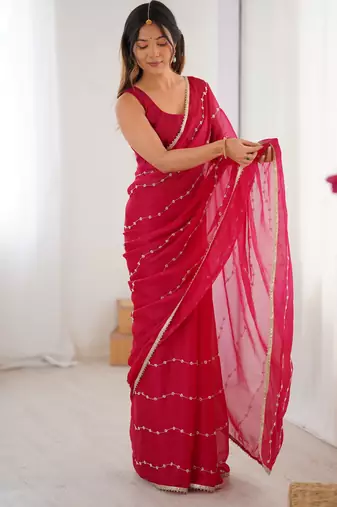 Pink color beads work celebrity style saree with blouse