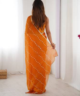 Orange color beads work celebrity style saree with blouse 3