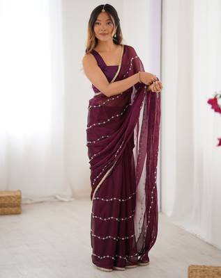 Wine color beads work celebrity style saree with blouse 1