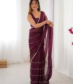 Wine color beads work celebrity style saree with blouse