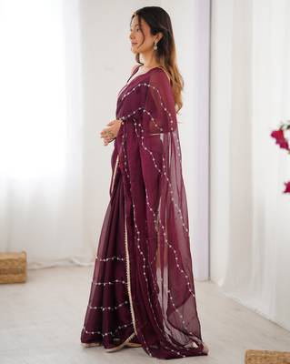 Wine color beads work celebrity style saree with blouse 2