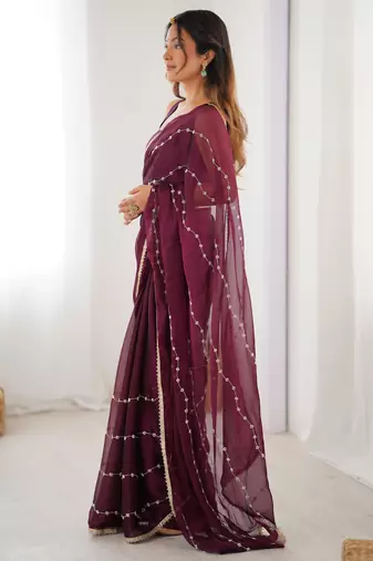Wine color beads work celebrity style saree with blouse