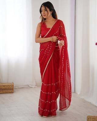 Red color beads work celebrity style saree with blouse 1
