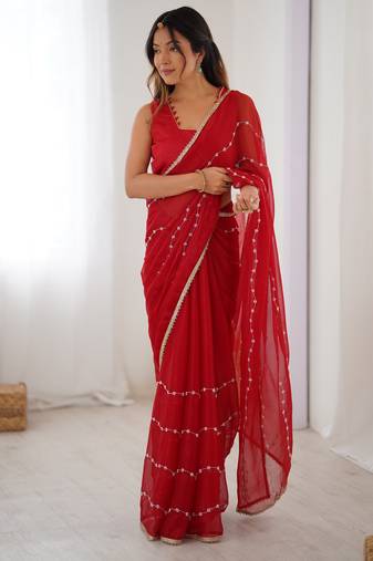 Red color beads work celebrity style saree with blouse