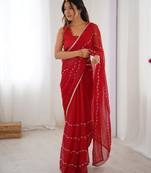 Red color beads work celebrity style saree with blouse