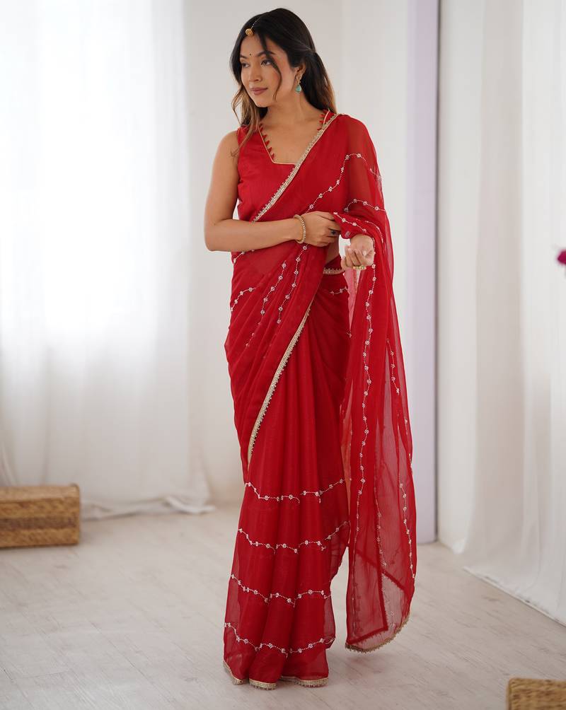 Red color beads work celebrity style saree with blouse