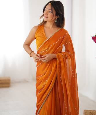 Orange color beads work celebrity style saree with blouse 4