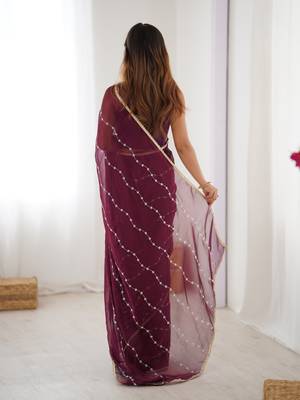 Wine color beads work celebrity style saree with blouse 3