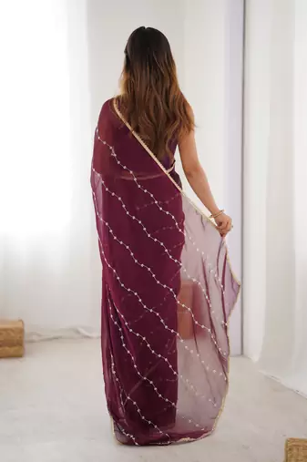 Wine color beads work celebrity style saree with blouse