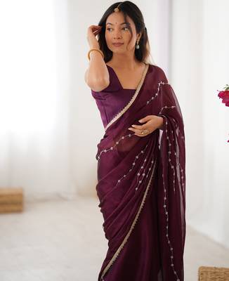 Wine color beads work celebrity style saree with blouse 4