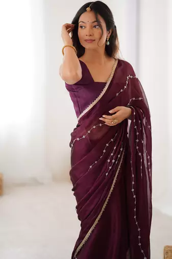 Wine color beads work celebrity style saree with blouse