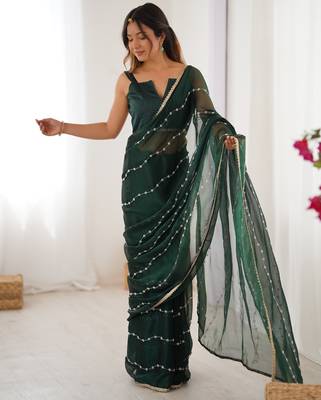 Green color beads work celebrity style saree with blouse 1