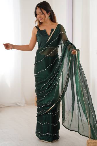 Green color beads work celebrity style saree with blouse