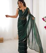 Green color beads work celebrity style saree with blouse