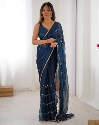 Blue color beads work celebrity style saree with blouse 1