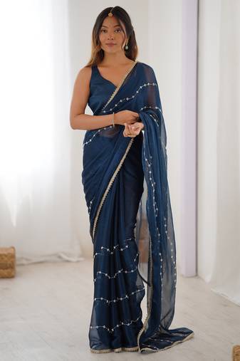 Blue color beads work celebrity style saree with blouse