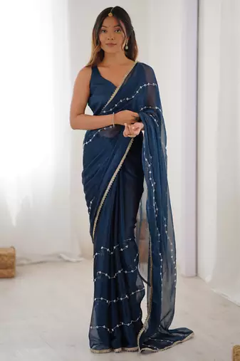 Blue color beads work celebrity style saree with blouse
