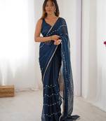Blue color beads work celebrity style saree with blouse
