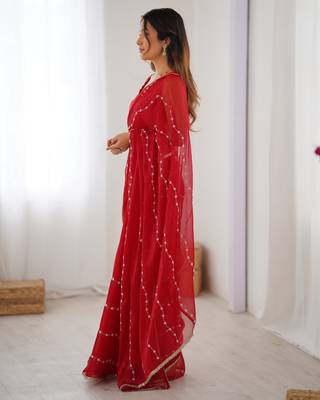 Red color beads work celebrity style saree with blouse 3