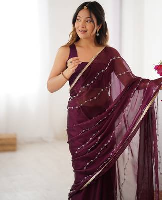 Wine color beads work celebrity style saree with blouse 5