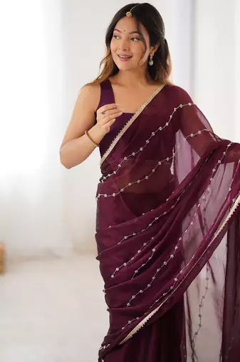 Wine color beads work celebrity style saree with blouse