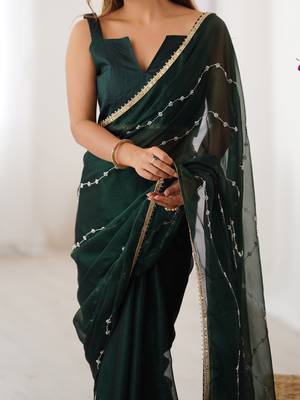 Green color beads work celebrity style saree with blouse 2