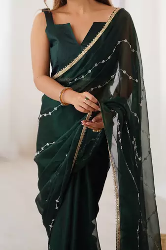 Green color beads work celebrity style saree with blouse