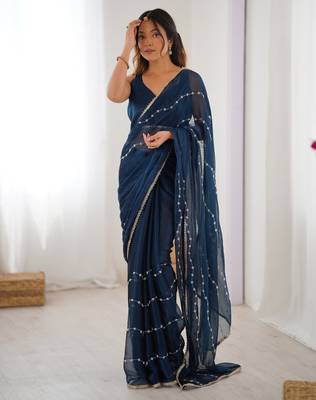 Blue color beads work celebrity style saree with blouse 2