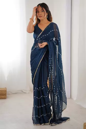 Blue color beads work celebrity style saree with blouse