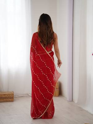 Red color beads work celebrity style saree with blouse 4