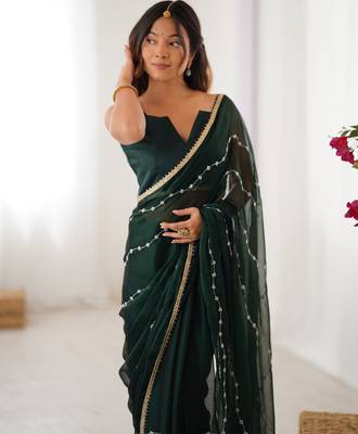 Green color beads work celebrity style saree with blouse 3