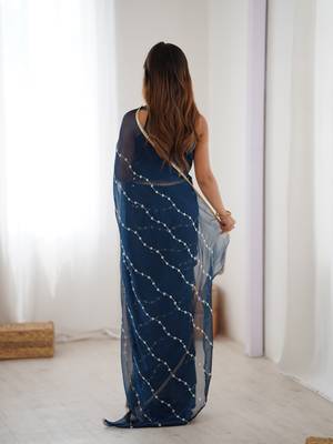 Blue color beads work celebrity style saree with blouse 3