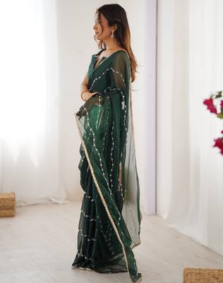 Green color beads work celebrity style saree with blouse 5